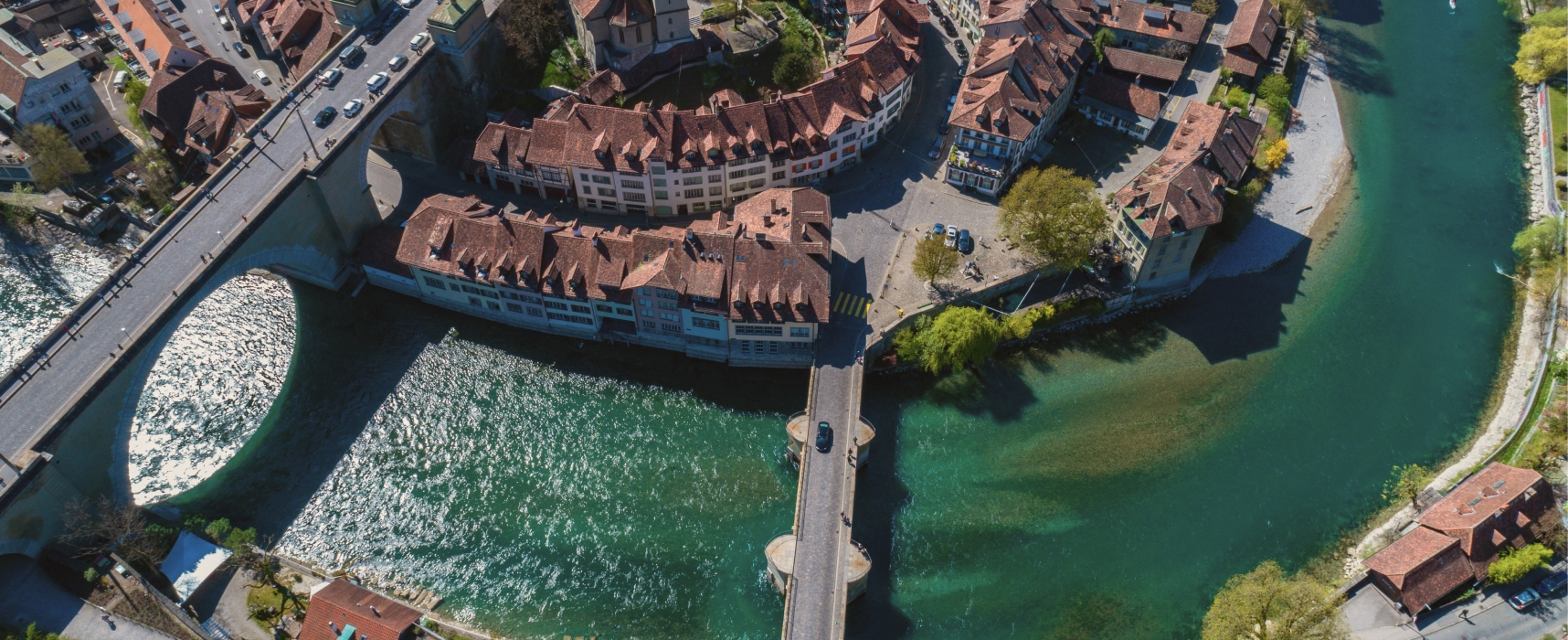Aerial view of historic Bern Old Town surrounded by the Aare River, Switzerland